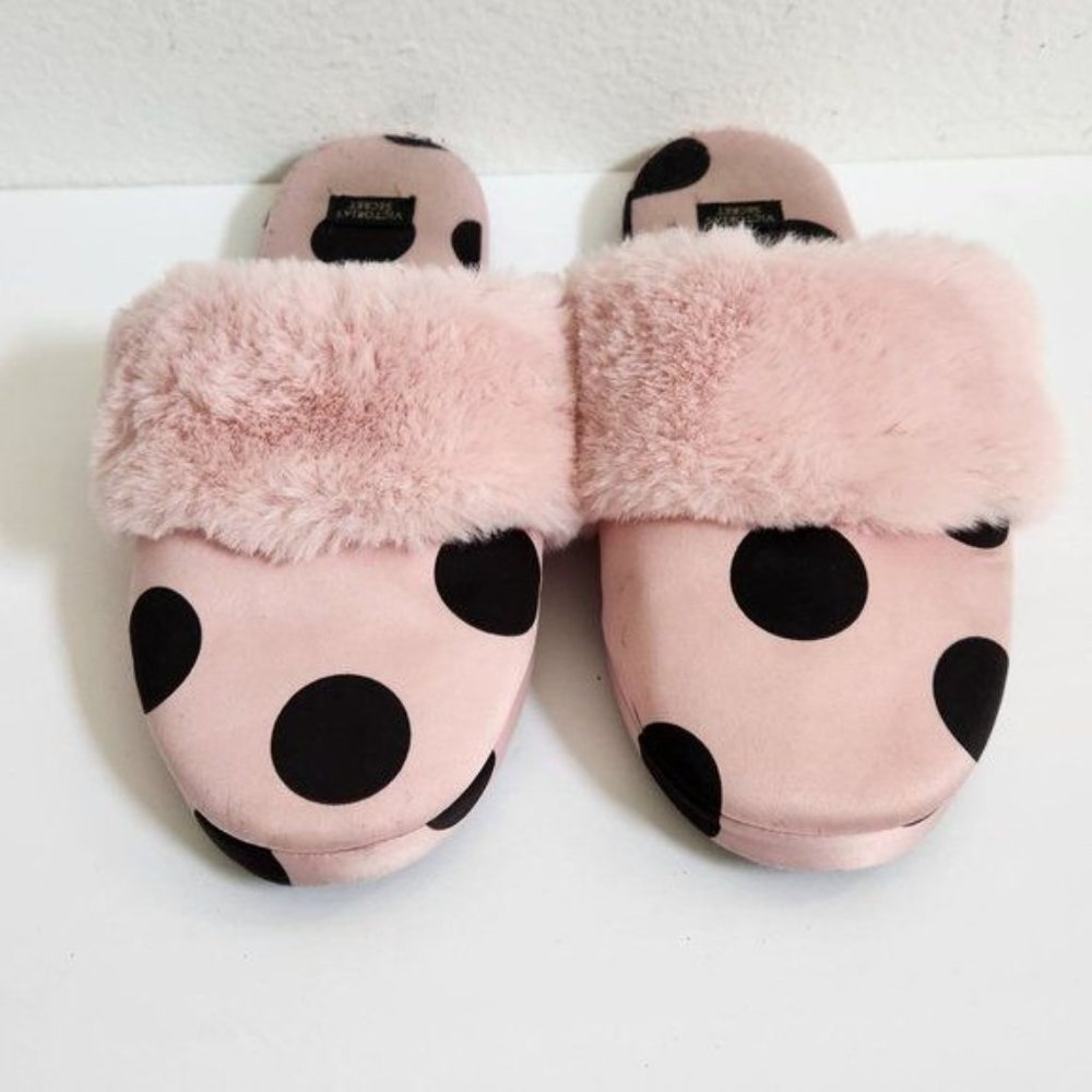 Victoria's Secret Signature Satin Slippers Pink/Black Polka Dot with Fau… - Picture 2 of 7